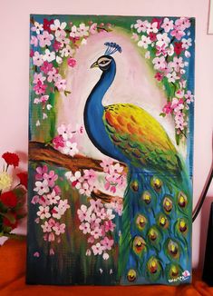 a painting of a peacock sitting on top of a tree branch with flowers in the background