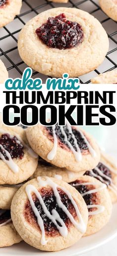 homemade cake mix thumbprint cookies with white icing and blueberry filling on top