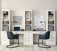 two chairs sitting in front of a white desk