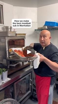 a man holding a tray with food in front of an open oven and the words how we make the best meatball subs in manhattan