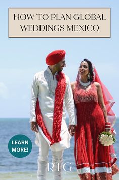 a man and woman standing next to each other in front of the ocean with text overlaying how to plan global wedding mexico