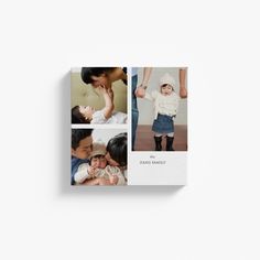 a photo book with four pictures of people holding their babies and the cover is white