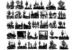 the silhouettes of various cactus plants and cacti are shown in black and white