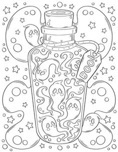 a coloring book page with an image of a bottle and stars on the bottom, in black and white