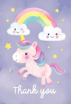 a watercolor painting of a unicorn with a rainbow and clouds in the background that says thank you