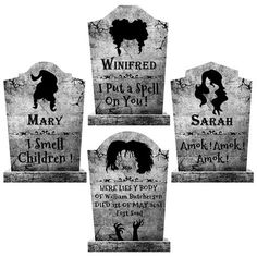 four tombstones with the names of three children and one adult, all decorated in black and white