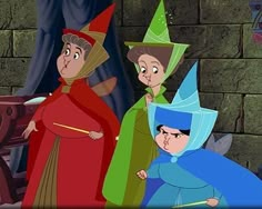 three cartoon characters are standing in front of a brick wall and one is wearing a green hat