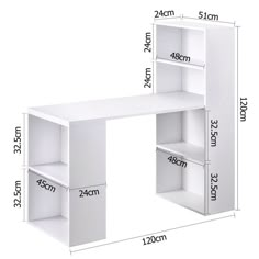 an image of a white desk with measurements for the top and bottom shelves on each side