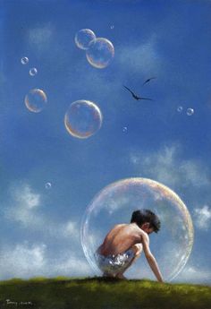 a painting of a boy sitting in the grass with soap bubbles floating around his body