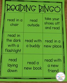 reading bingo game with green background and black writing on the bottom, reads read a new book