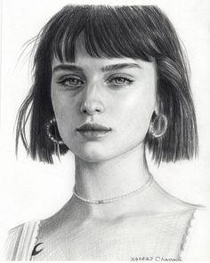 a pencil drawing of a woman's face with short hair and large hoop earrings