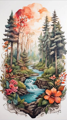 a painting of a river surrounded by trees and flowers