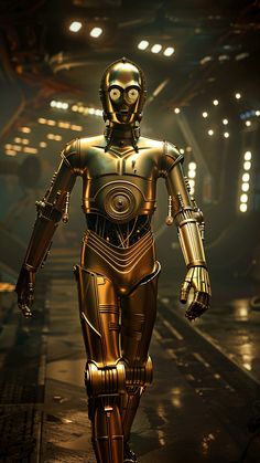 a gold robot walking down a street at night