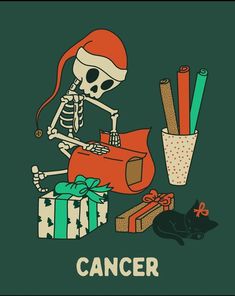 a skeleton sitting next to a box with gifts