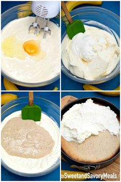 four pictures showing how to make whipped cream in a skillet with an egg on top