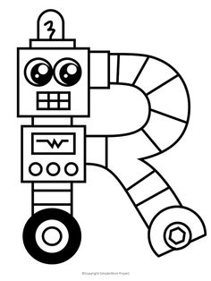 a coloring page with a robot holding a candy bar in it's hand and the letter