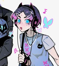 a girl with headphones standing next to a man in a cat suit and butterfly wings