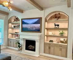 a living room filled with furniture and a fire place in front of a tv mounted on a wall