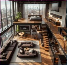 an aerial view of a living room and bedroom from the top floor in a high rise building