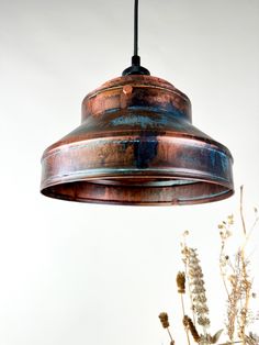 a metal light hanging from a ceiling next to some dried flowers and plants in a vase