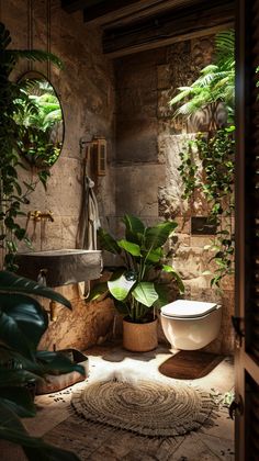 a bathroom with potted plants and a sink in the corner, surrounded by greenery