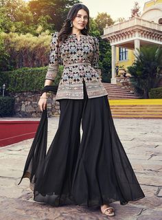 Black Readymade Bridal Wedding Palazzo Suit SFSR267814 Be at the top of the trend with this Georgette designer salwar kameez. Adorned with embroidery and sequins, this ensemble comes with a matching bottom. 100% Original Fabric - Georgette Work - Embroidery work Occasion: Ceremonial, Reception, Wedding Please Note : - For a fully customized selection, a measurement link will be sent to your Email. - Unstitched item estimated delivery time for the UK and worldwide is 1-2 Weeks. -Fully stitched item will be 2-3 weeks time on delivery from the time we receive your measurements Wedding Palazzo, Readymade Salwar Kameez, Resham Work, Latest Dress Design, Fancy Sarees Party Wear, Pakistani Fancy Dresses, Palazzo Suit, Designer Salwar