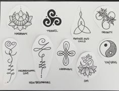 some different types of tattoos on a white sheet with black lettering and symbols in the middle