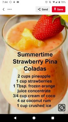 a close up of a drink in a glass with strawberries on top and text describing the ingredients