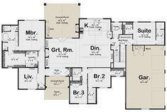 the first floor plan for a home with three separate rooms and two garages on each side