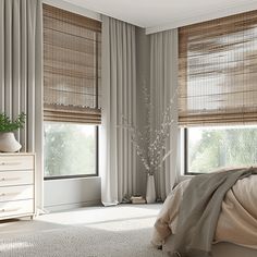 a bedroom with beige curtains and white furniture