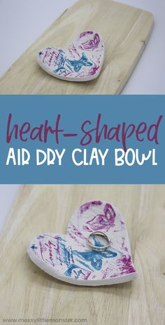 two heart shaped diy clay bowls sitting on top of a wooden cutting board with the words, neath - shaped aid diy clay bowl