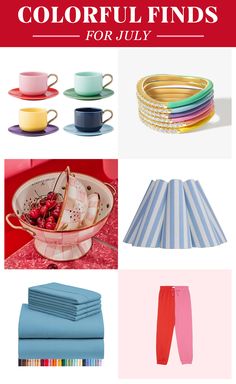 colorful mug set, rainbow ring stack, pink colander, stripe lampshade, blue sheets, color block pants Rainbow Jewelry, Colorful Gifts, Holiday Shopping, Gift Guide, Home Office, Great Gifts, Coffee Mug, Make Your, Gift Ideas