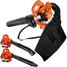 an orange and black leaf blower sitting on top of a bag