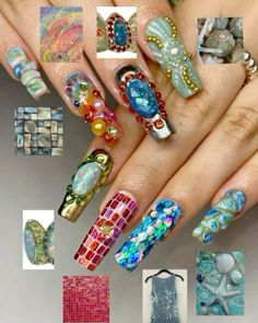 Kali Uchis Inspired Nails, Kitsch Nails, 2000 Nail Art, Junk Nails, Crazy Nail Art, Confetti Nails, Nails Now, Crazy Nails