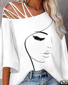 Fisdy - Blusa de manga campana con estampado abstracto y hombros descubiertos Blouse Size Chart, Blouse Material, Bell Sleeve Blouse, Abstract Print, Bell Sleeve, 16 9, Shoulder Sleeve, Three Quarter, Sleeve Styles