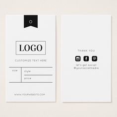 a white business card with a black and white logo on the front, and bottom