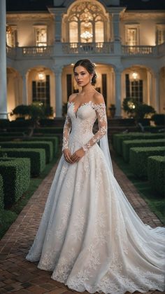 a woman in a wedding dress standing on a brick walkway outside a large white house