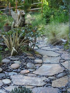 a garden with rocks and plants in it