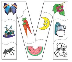 the letter v is made up of pictures of animals, fruits and veggies