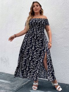 Navy Blue Boho Collar Short Sleeve Rayon Ditsy Floral A Line Embellished Non-Stretch Summer Plus Size Dresses Modern Blouse Designs, Halloween Parejas, Holiday Inspo, Split Hem Dress, Ditsy Floral Dress, Plus Size Summer Outfit, Hawaiian Dress, Girls Dresses Summer, Cute Summer Dresses