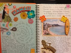 an open notebook with pictures and words on it, including flowers in the pages that spell out hawaii