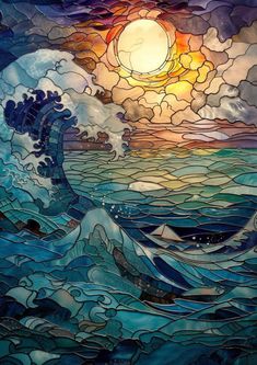 a stained glass window depicting the ocean waves