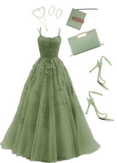 Sage Dresses Prom, Prom Dress Lace Green, Tulle Prom Dress Green, Prom Dress 2023 Green, Cottage Core Formal Dresses, Sage Green Flowy Prom Dress, Sage Green Debut Gown, Sage Princess Dress, Cottage Core Prom Dress Green