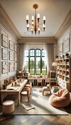 a living room filled with lots of furniture next to a large window and bookshelf