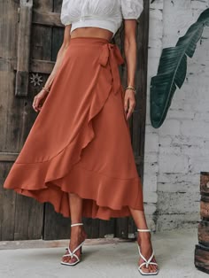 Rust Brown Elegant   Polyester Plain Wrap Embellished Non-Stretch Summer Women Bottoms Knot Skirt, Business Formal Dress, Coachella Dress, Wrap Maxi Skirt, Formal Dresses Gowns, Women Skirts, Spring Skirts, Professional Dresses, Hem Skirt