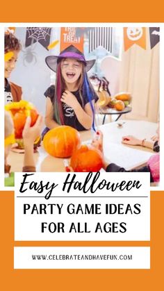 kids in halloween costumes sitting around a table with pumpkins on it and the words easy halloween party game ideas for all ages