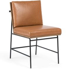 a brown leather chair with black metal frame and back support, viewed from the front