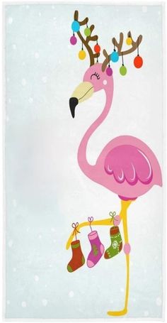 a pink flamingo with christmas stockings hanging from it's neck and feet, holding a stocking