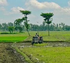 two people riding on the back of four wheelers in a green field with trees