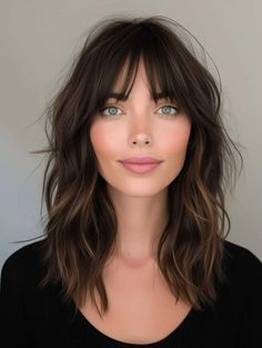 Caramel Curtain Bangs, Brunette Medium Length Hair With Bangs, Grown Out Bangs Haircut, Womens Haircuts With Bangs Medium, Long Bob With Wispy Bangs, Short Bangs Medium Hair, Long Lob Haircut With Bangs, Shag Hairstyles Medium With Bangs, Long Bob With Bangs Fine Hair